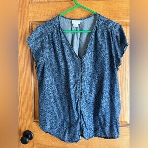 Floral Denim Blue Women's Top Liz Claiborne XL Short Sleeves